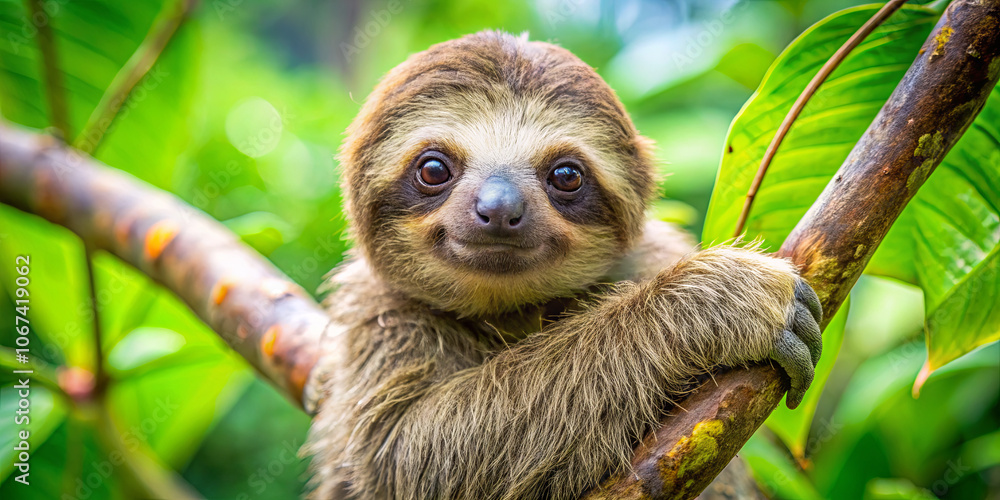A sloth clings to a sturdy tree branch in a vibrant rainforest, its face lit up with a cheerful expression. Sunlight filters through the leaves, illuminating its fur and surroundings A sloth clings to a sturdy tree branch in a vibrant rainforest, its face lit up with a cheerful expression. Sunlight filters through the leaves, illuminating its fur and surroundings