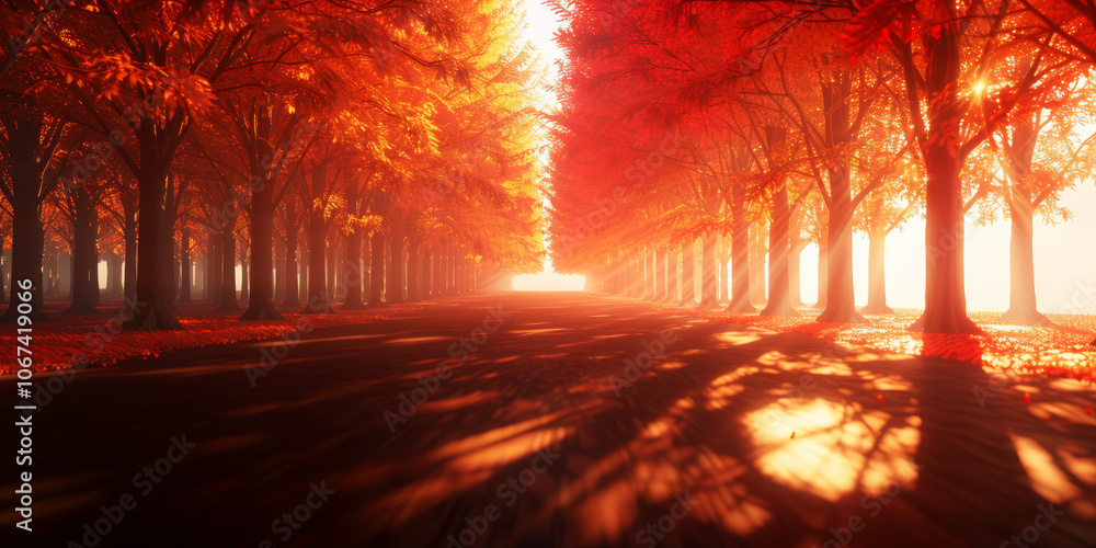 Naklejka premium A path lined with fiery autumn trees.