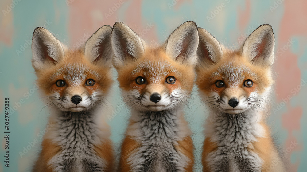 Obraz premium Three adorable foxes with fluffy fur and bright eyes are standing side by side against a soft, pastel background.