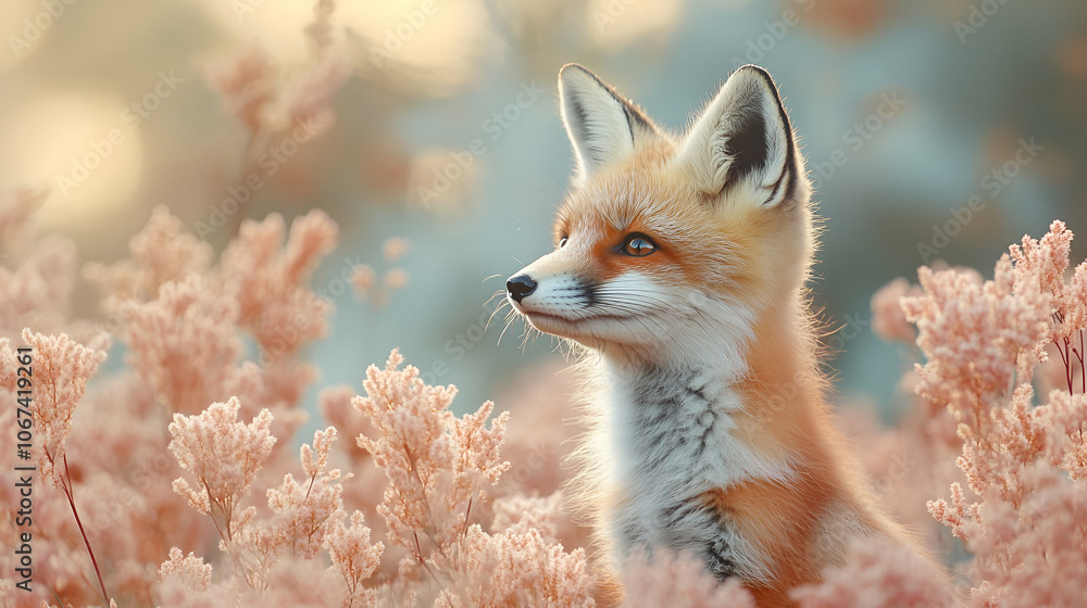 A charming red fox gazes softly amidst pink blossoms, capturing a serene moment in nature. A charming red fox gazes softly amidst pink blossoms, capturing a serene moment in nature.