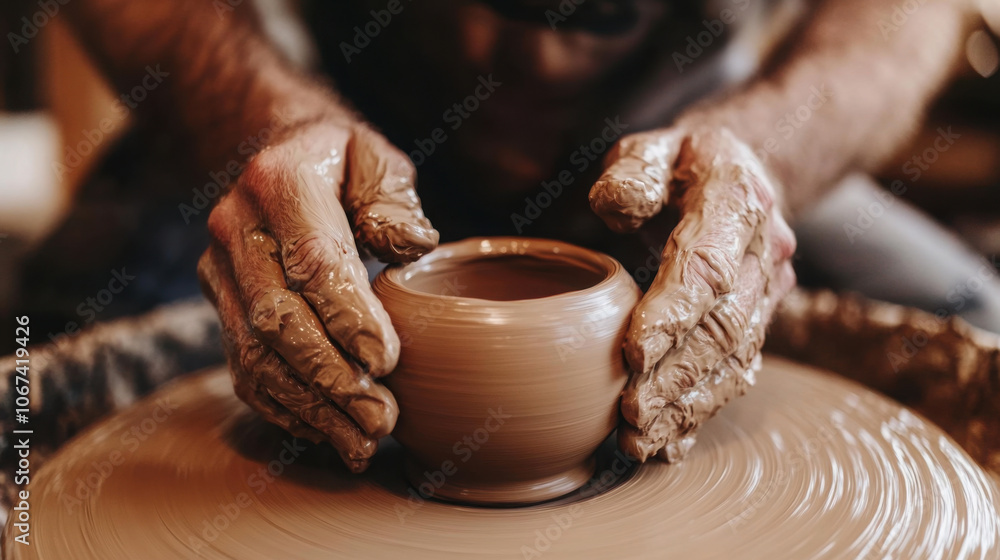 Crafting artistry: hands sculpting clay on a spinning pottery wheel for creative expression Crafting artistry: hands sculpting clay on a spinning pottery wheel for creative expression