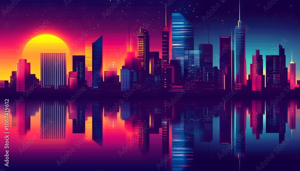 A neon colored synthwave city A neon colored synthwave city