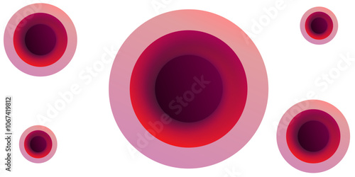Abstract background. Minimal geometric circles and round style shapes with deep shadow effects.  Red rings of pain. Design for analgesic medicines. Vector illustration. Pink and Ache symbols. 