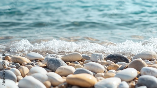 Calm shoreline with smooth stones and gentle waves lapping at the beach.