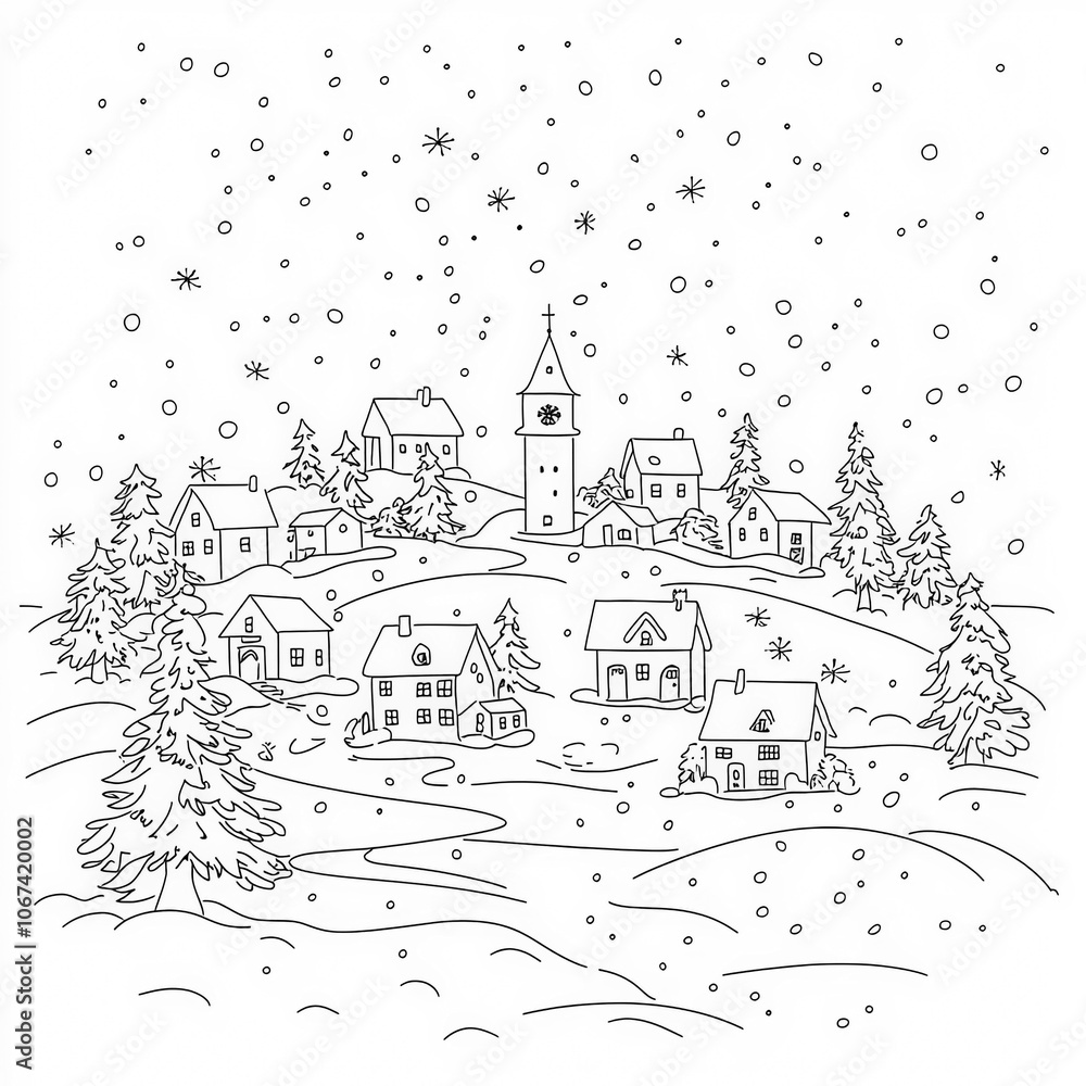 Fototapeta premium A snowy village with twinkling lights, coloring page for kids, simple outline illustration. Coloring book, simple lines.