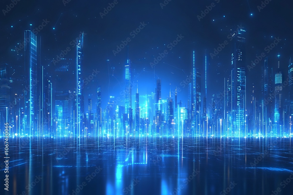 Futuristic city skyline illuminated at night, showcasing sound waves and data visualizations in a blue color theme. AI generated illustration Futuristic city skyline illuminated at night, showcasing sound waves and data visualizations in a blue color theme. AI generated illustration