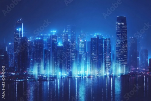 Futuristic city skyline illuminated at night, showcasing sound waves and data visualizations in a blue color theme. AI generated illustration