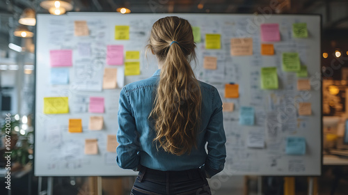 A woman stands in front of a white board with many colorful sticky notes on it