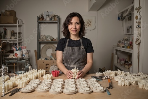 Artisan candle maker in craft studio surrounded by handmade sculpted candles.