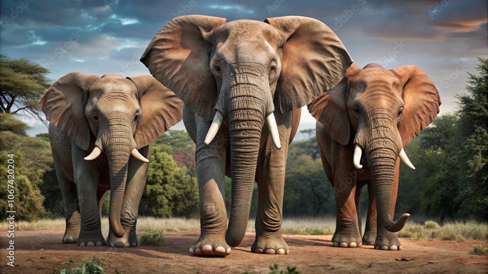 Fototapeta premium Three majestic elephants roam through their natural habitat, showcasing their grandeur against a beautiful backdrop of trees and a colorful sky at dusk