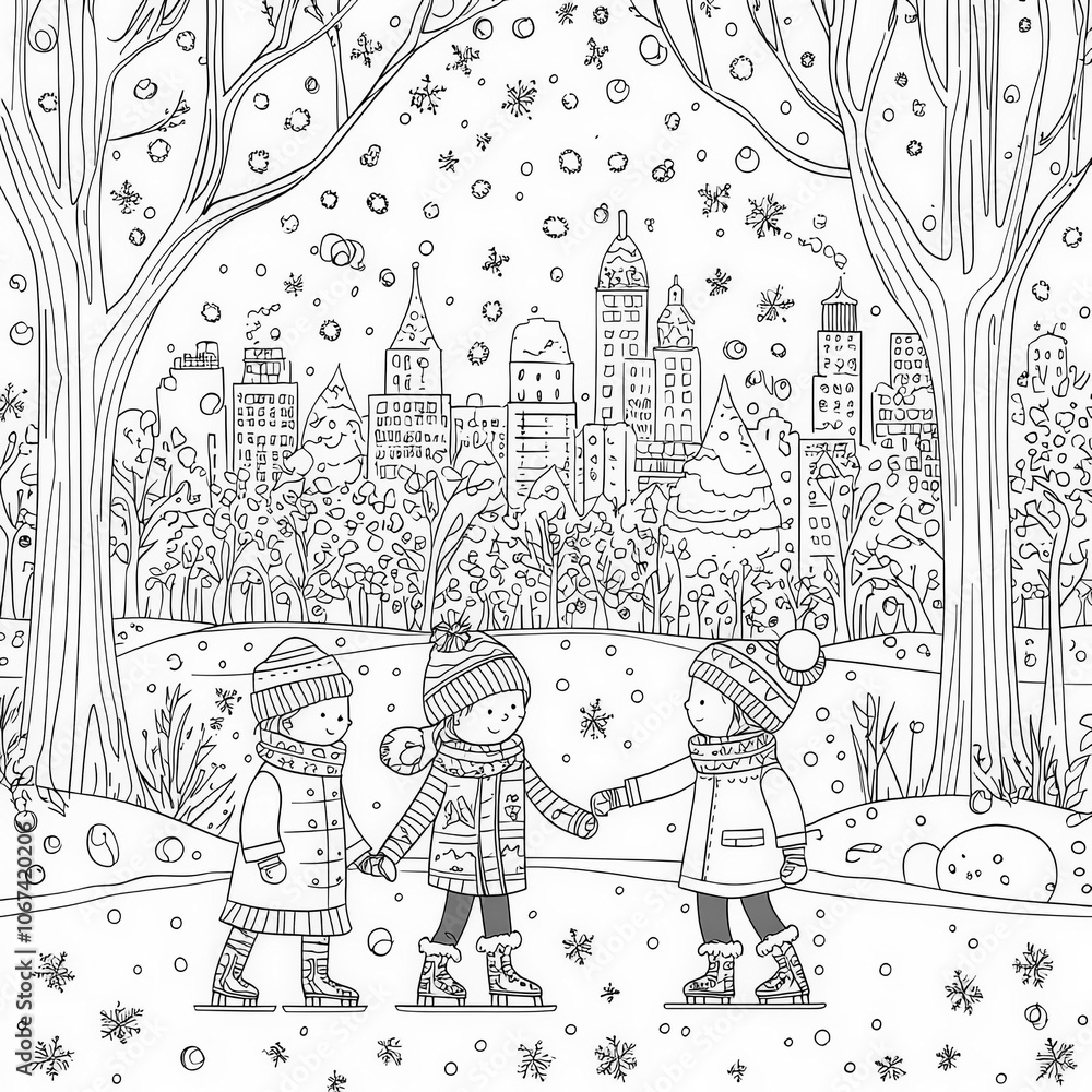 Naklejka premium A winter wonderland with skating children, coloring page for kids, simple outline illustration. Coloring book, simple lines.