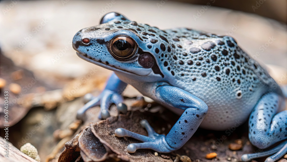 Obraz premium The blue frog sits among damp leaves in a lush tropical environment. Its striking blue skin contrasts with the earthy tones around, highlighting its natural beauty and habitat