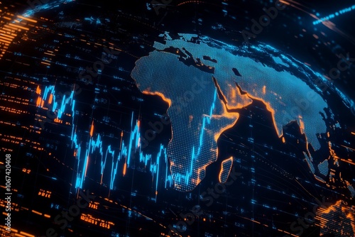 Upward-trending stock market chart over Earth with South Africa outline. AI generated illustration