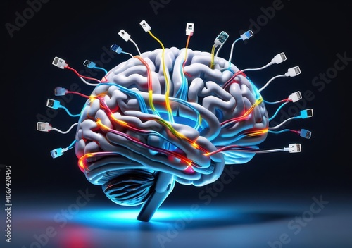Artificial brain with colorful cables connected, symbolizing the spread of fake news through modern technology, concept of fake news