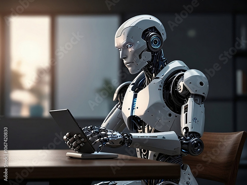 A highly detailed and realistic humanoid robot is sitting at a desk, focused on working on a tablet