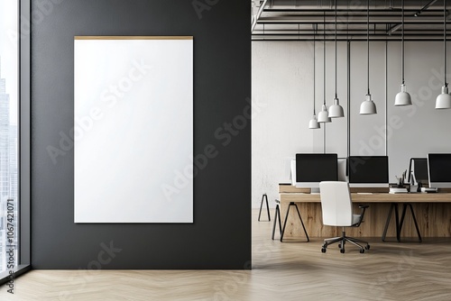 Vertical blank poster mockup in a sleek office setting. AI generated illustration