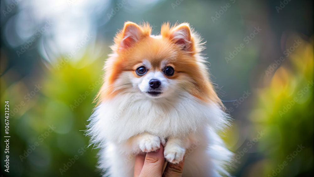 A small Pomeranian puppy with a fluffy coat is being gently held by a person’s hand against a backdrop of vibrant greenery on a sunny afternoon A small Pomeranian puppy with a fluffy coat is being gently held by a person’s hand against a backdrop of vibrant greenery on a sunny afternoon