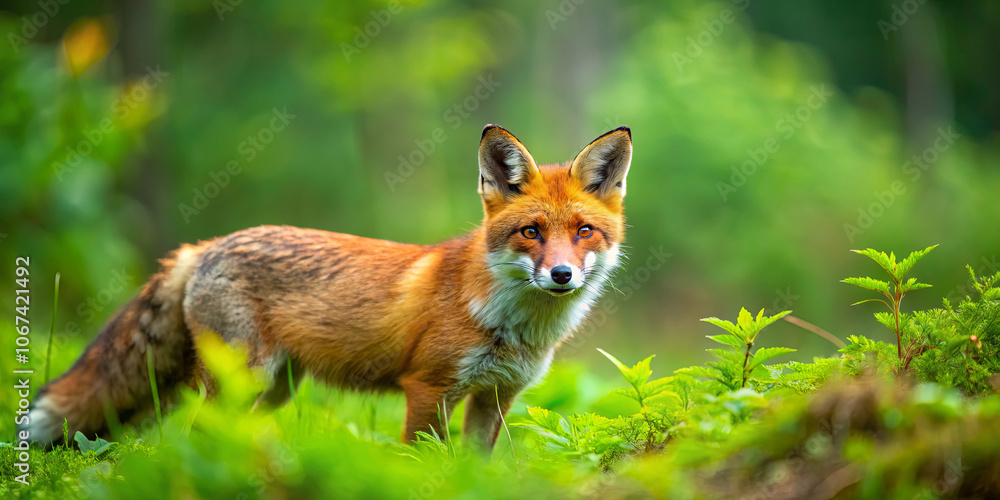 Fototapeta premium A red fox stands alert among vibrant green foliage, showcasing its striking orange fur as it searches for food in the serene forest environment