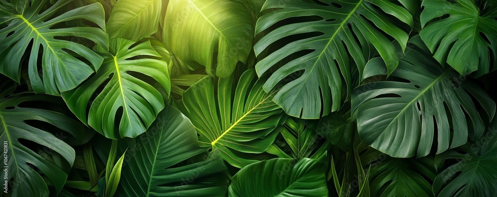 Tropical jungle canopy with giant leaves, sunlight breaking through the foliage, vibrant greens, deep rainforest atmosphere Tropical jungle canopy with giant leaves, sunlight breaking through the foliage, vibrant greens, deep rainforest atmosphere