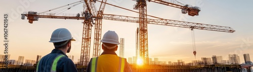 Two workers on a construction site, hard hats, sunset lighting, industrial cranes, shadows stretching across the ground