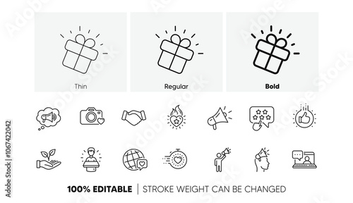 Influence people, Megaphone and Representative. Brand ambassador line icons. Handshake, influencer marketing person, ambassador person icons. Linear set. Line icons set. Vector
