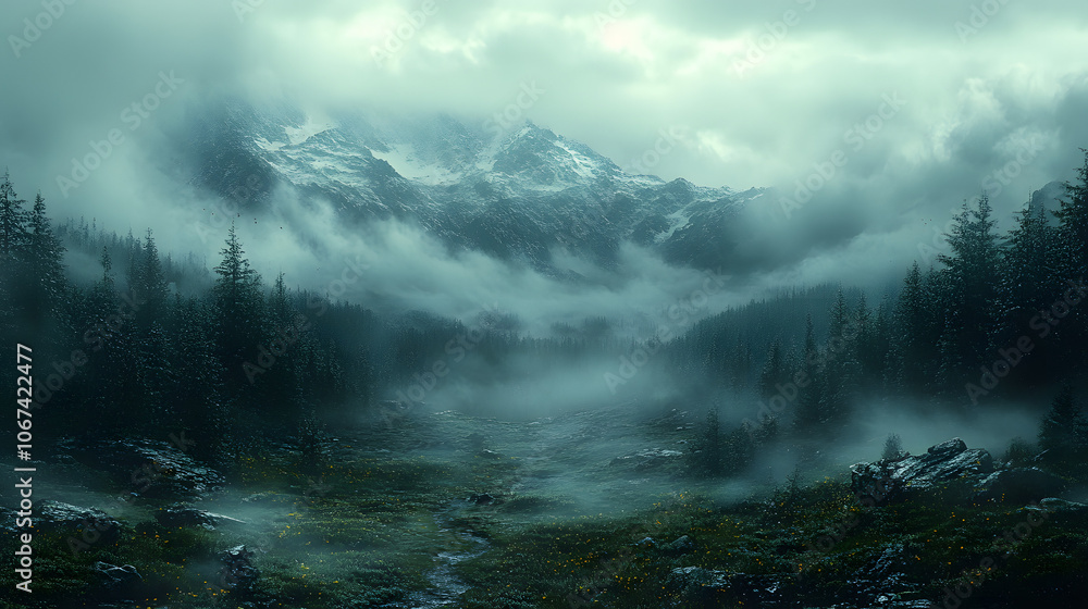 A misty mountain landscape with rolling hills covered in thick forest and soft clouds
A misty mountain landscape with rolling hills covered in thick forest and soft clouds