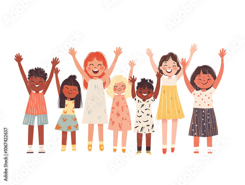a group of children with their hands up