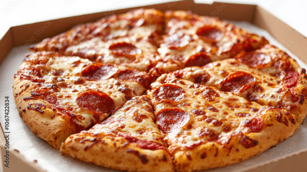 Close-up of pepperoni pizza in delivery box for food photography and marketing Close-up of pepperoni pizza in delivery box for food photography and marketing