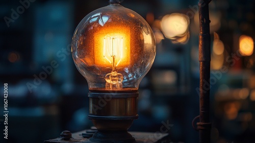 Close-up of vintage glowing light bulb in dark setting