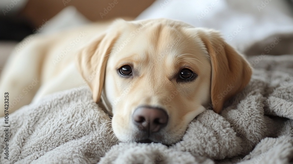 A yellow Labrador retriever dog lies on a grey blanket, looking at the camera with a thoughtful expression. A yellow Labrador retriever dog lies on a grey blanket, looking at the camera with a thoughtful expression.