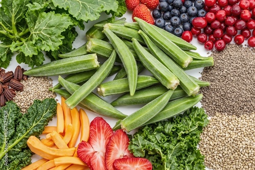 Fresh assorted vegetables and fruits with okra, berries, kale, and seeds for healthy eating and colorful vegetarian cuisine.