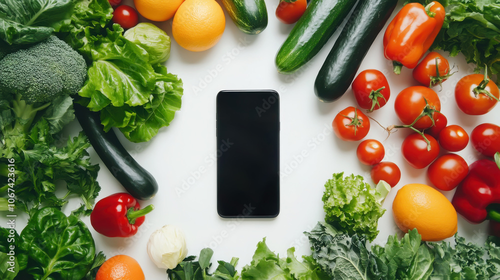 Vibrant fresh produce surrounding smartphone for healthy lifestyle and technology integration Vibrant fresh produce surrounding smartphone for healthy lifestyle and technology integration