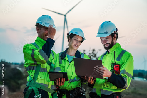 professional technician engineer with safety working on wind turbine industry technology for sustainable environment and renewable energy power, wind turbine electricity generator maintenance