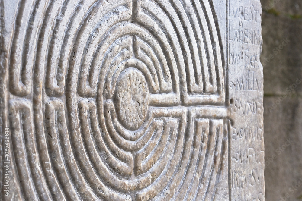 Labyrinth carved on the stone facade of a Romanesque church of the 11th century (Tuscany - Italy) Labyrinth carved on the stone facade of a Romanesque church of the 11th century (Tuscany - Italy)