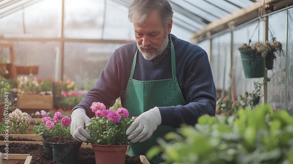 A gardener tending to vibrant pink flowers inside a greenhouse during the early morning sunlight A gardener tending to vibrant pink flowers inside a greenhouse during the early morning sunlight