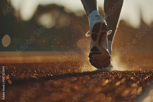 A runner\'s feet pound the track during sunset, creating a dramatic scene filled with dust and motion photo