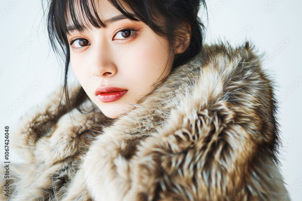 Elegant woman in luxury fur coat with intense gaze Elegant woman in luxury fur coat with intense gaze