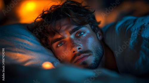 A man lying in bed, eyes wide open, looking restless and unable to sleep in the dark 