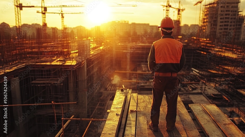 Construction worker standing on building site at sunset looking at cityscape Construction worker standing on building site at sunset looking at cityscape