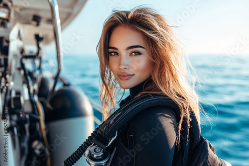 woman with aqualung on boat in sea