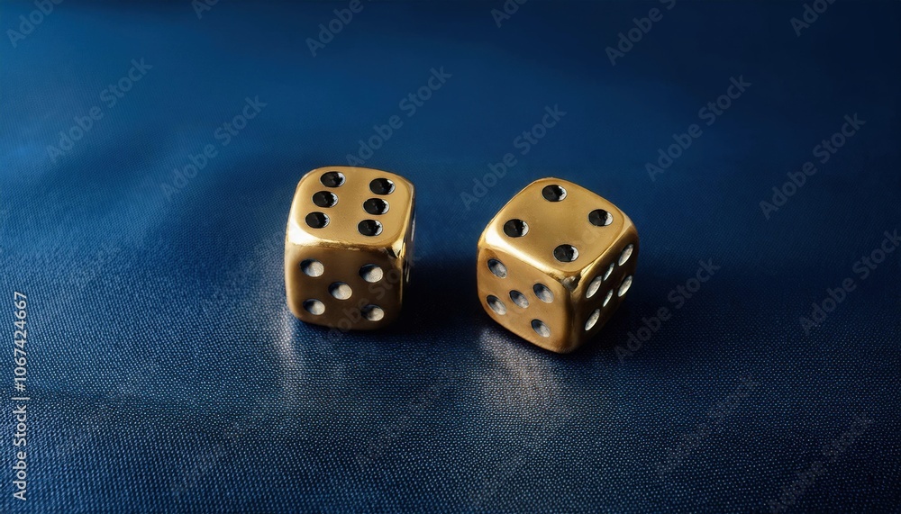 Luxurious Golden Dice Reflecting Elegance and High Stakes Chance on a Dark Blue Surface. Perfect Symbol for Gambling, Risk Management, Fortune, and Financial Investment Concepts Luxurious Golden Dice Reflecting Elegance and High Stakes Chance on a Dark Blue Surface. Perfect Symbol for Gambling, Risk Management, Fortune, and Financial Investment Concepts