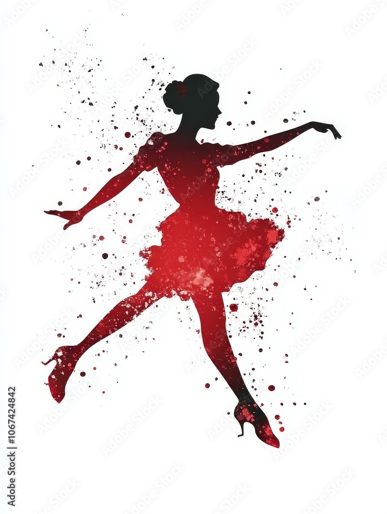 A dynamic silhouette of a tap dancer in a red dress, leaping with energy and grace, captured in a stylized watercolor effect, representing passion, movement, artistry, and rhythm.