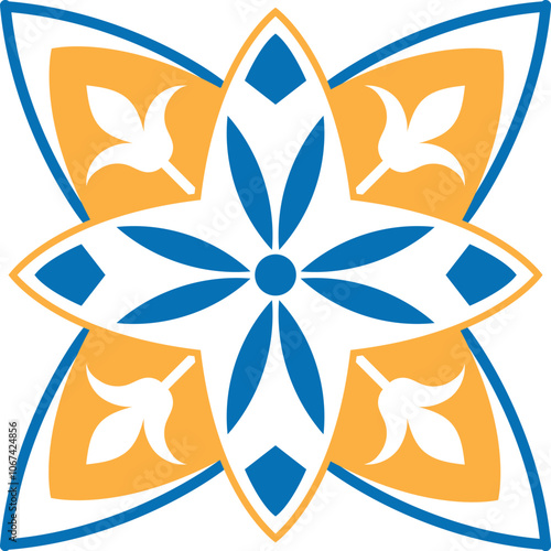 Intricate blue and orange floral star pattern creates a visually appealing decorative tile design, suitable for various applications such as wall coverings, fabric prints, or digital backgrounds