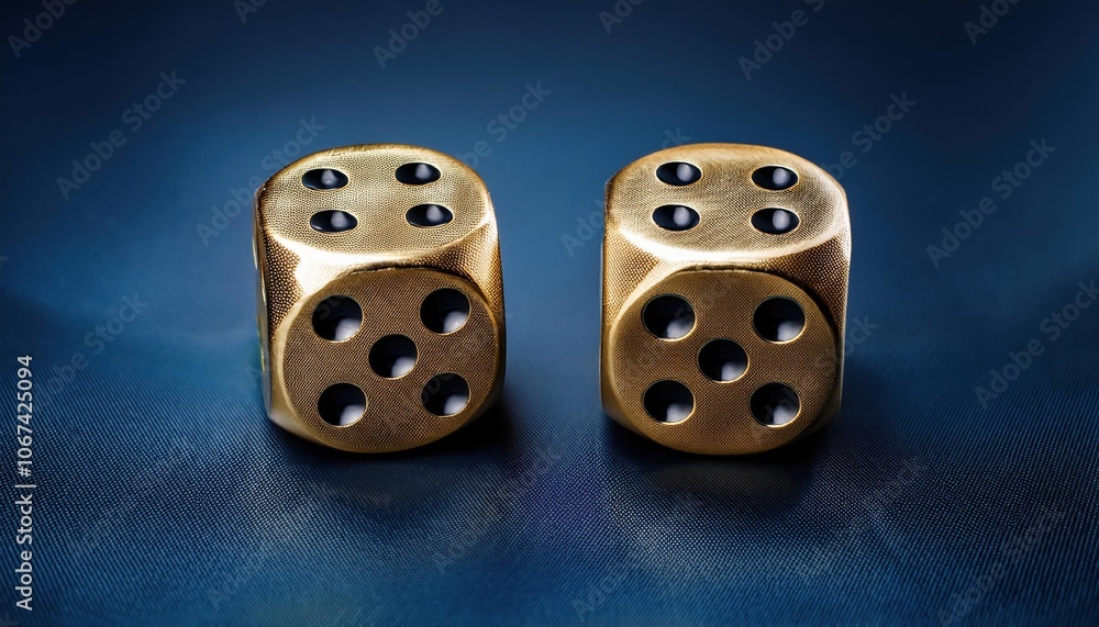 Luxurious Golden Dice Reflecting Elegance and High Stakes Chance on a Dark Blue Surface. Perfect Symbol for Gambling, Risk Management, Fortune, and Financial Investment Concepts Luxurious Golden Dice Reflecting Elegance and High Stakes Chance on a Dark Blue Surface. Perfect Symbol for Gambling, Risk Management, Fortune, and Financial Investment Concepts
