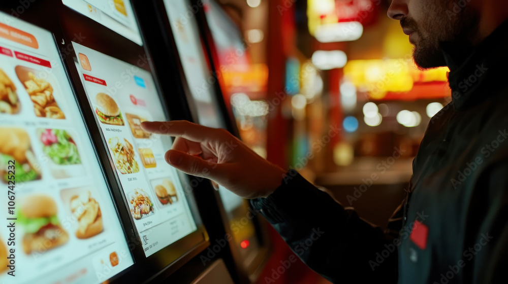 Close-up of a customer using a self-service digital ordering kiosk in a fast-food environment Close-up of a customer using a self-service digital ordering kiosk in a fast-food environment