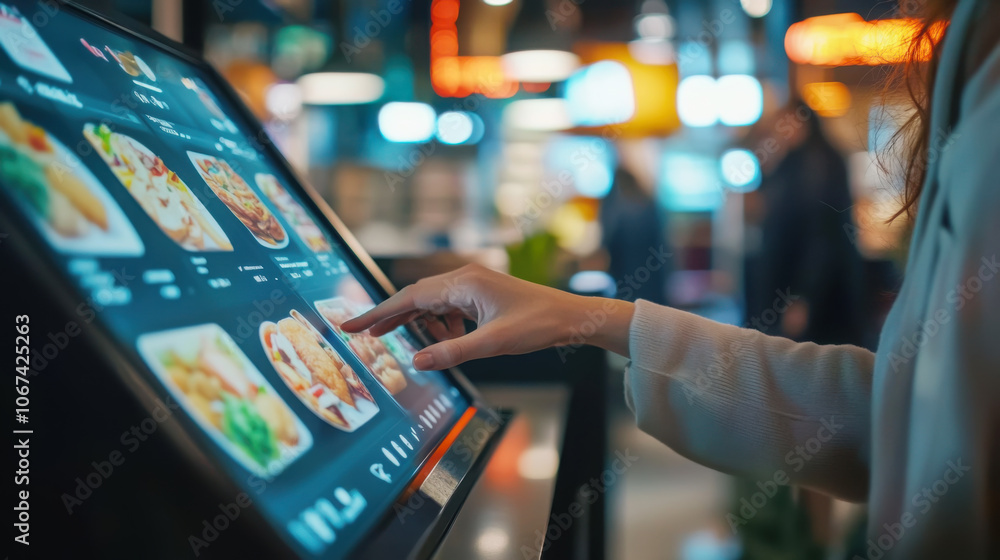 Close-up of customer using self-service digital kiosk in modern restaurant setting Close-up of customer using self-service digital kiosk in modern restaurant setting