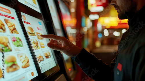 Close-up of a customer using a self-service digital ordering kiosk in a fast-food environment