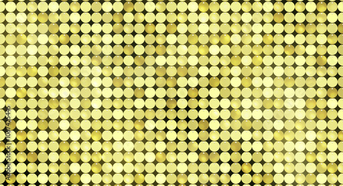 Metallic round golden sequins on dark background. Abstract festive texture with yellow circle glitter