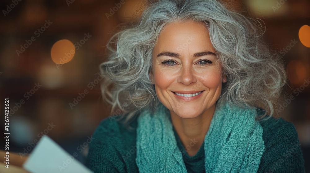 Smiling mature woman with gray hair, looking at the camera. Smiling mature woman with gray hair, looking at the camera.