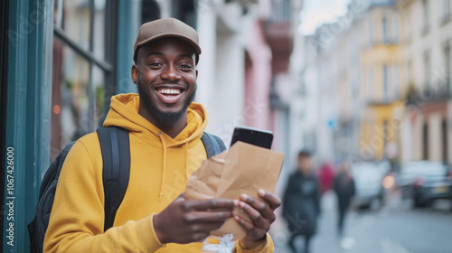 Excited young man enjoying takeout food outdoors holding smartphone